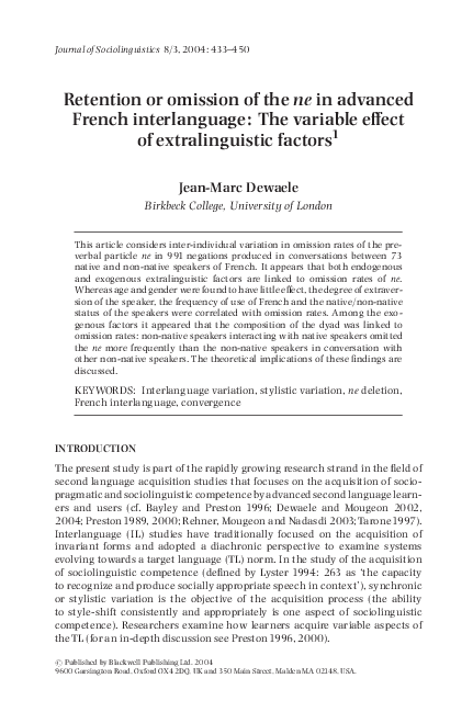 (PDF) Retention or omission of the 'ne' in advanced French IL: the ...