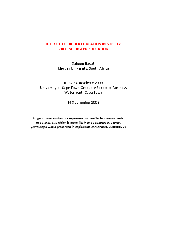 (PDF) THE ROLE OF HIGHER EDUCATION IN SOCIETY: VALUING HIGHER EDUCATION