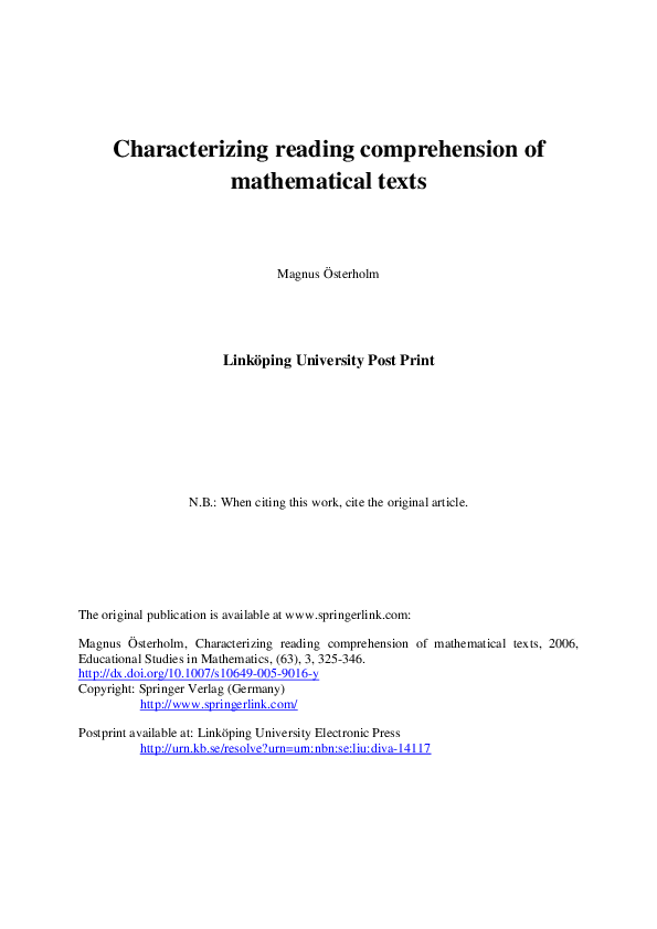 (PDF) Characterizing Reading Comprehension of Mathematical Texts