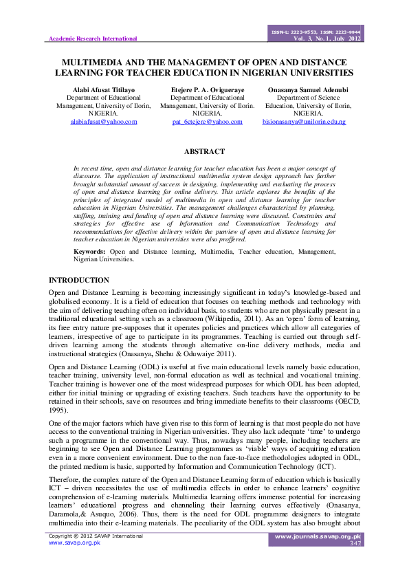 (PDF) MULTIMEDIA AND THE MANAGEMENT OF OPEN AND DISTANCE LEARNING FOR ...