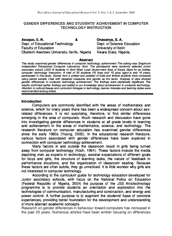 (PDF) GENDER DIFFERENCES AND STUDENTS'ACHIEVEMENT IN COMPUTER ...