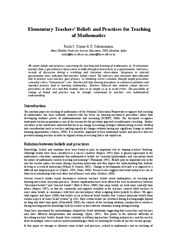 Elementary teachers' belief and practices for teaching of mathematics
