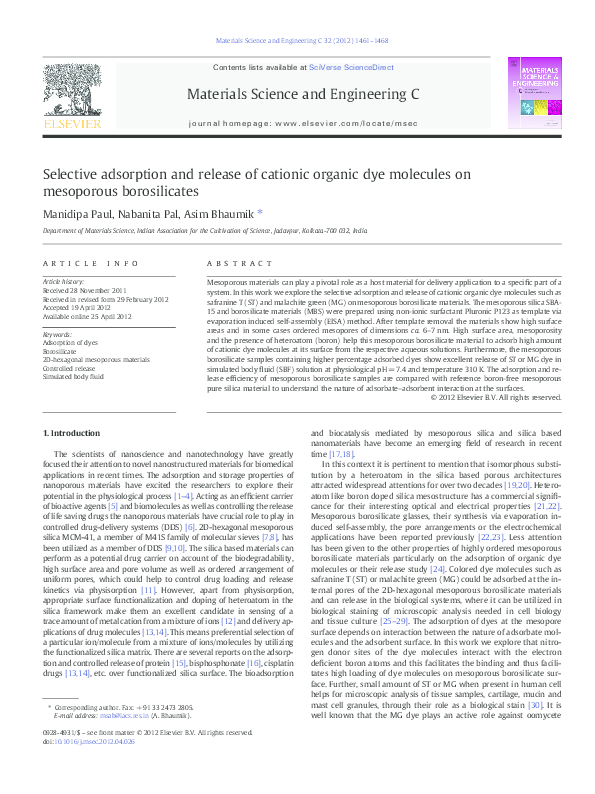 (PDF) Adsorption and release of organic dye molecules on mesoporous ...