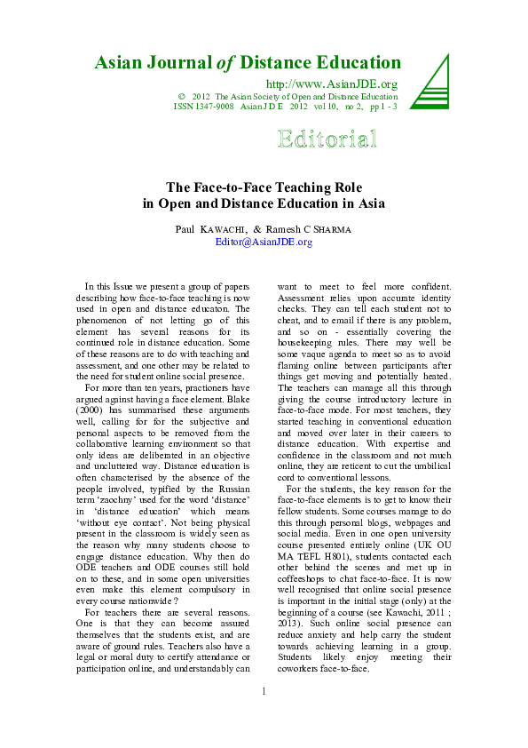 (PDF) The Face-to-Face Teaching Role in Open and Distance Education in Asia
