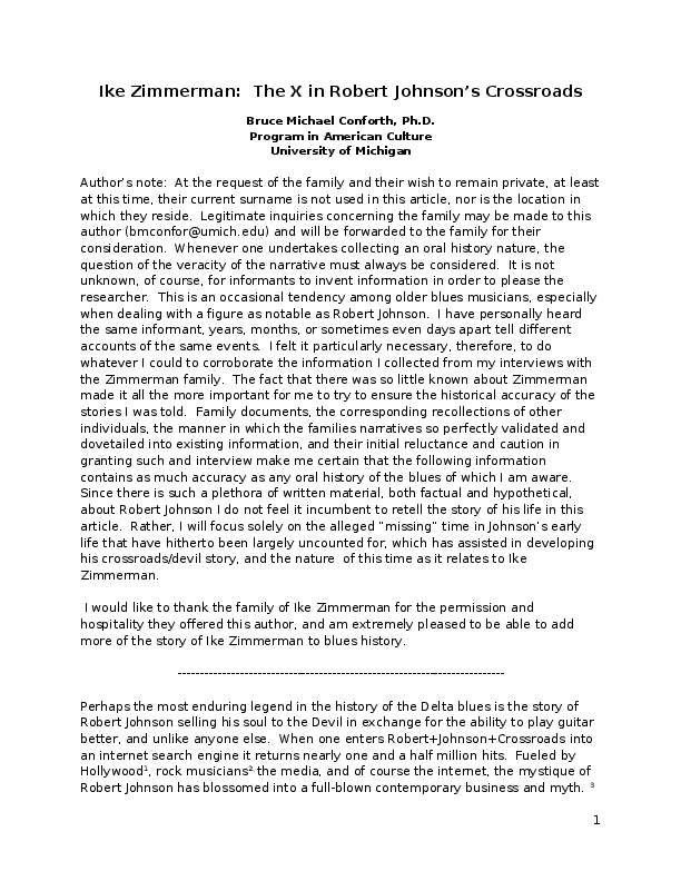 First page of ““Ike Zimmerman:  The X in Robert Johnson’s Crossroads” Living Blues 2008”