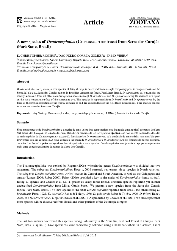 (PDF) A new species of Dendrocephalus (Crustacea, Anostraca) from Serra