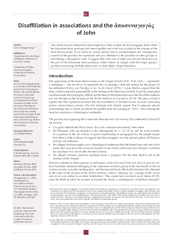 (PDF) “Disaffiliation in Associations and the ἀποσυναγωγός of John ...