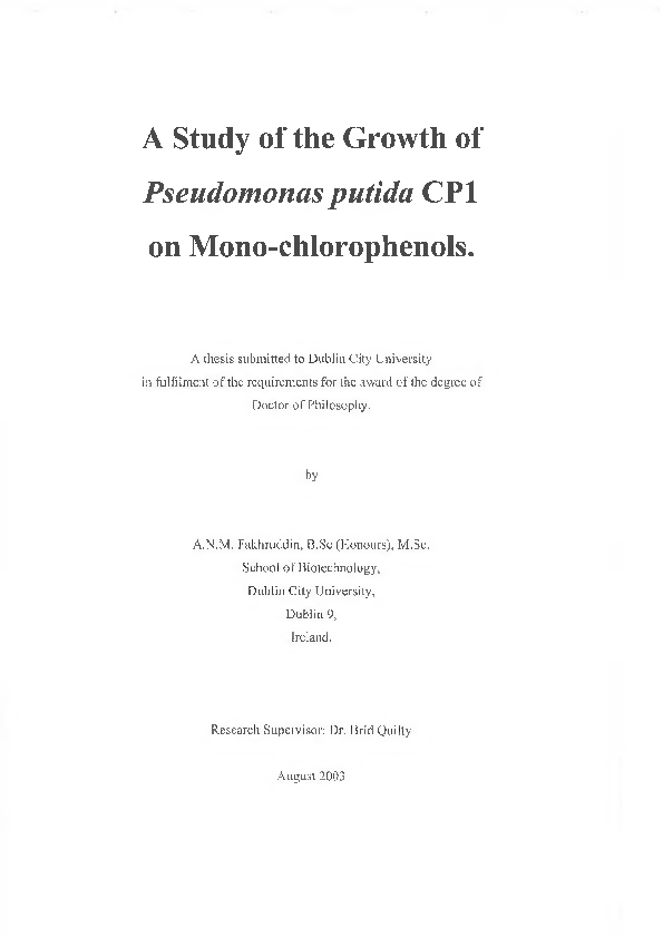 Pdf A Study Of The Growth Of Pseudomonas Putida Cpi On Mono Chlorophenols A N M Fakhruddin Academia Edu