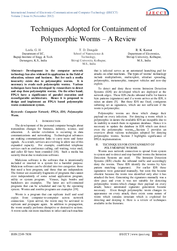 (PDF) Techniques Adopted for Containment of Polymorphic Worms – A Review