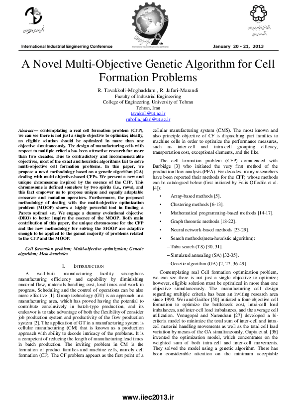 (PDF) A Novel Multi-Objective Genetic Algorithm for Cell Formation Problems