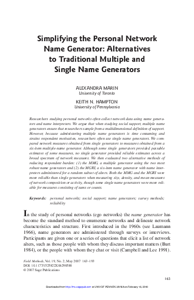 (PDF) Simplifying the Personal Network Name Generator: Alternatives to ...