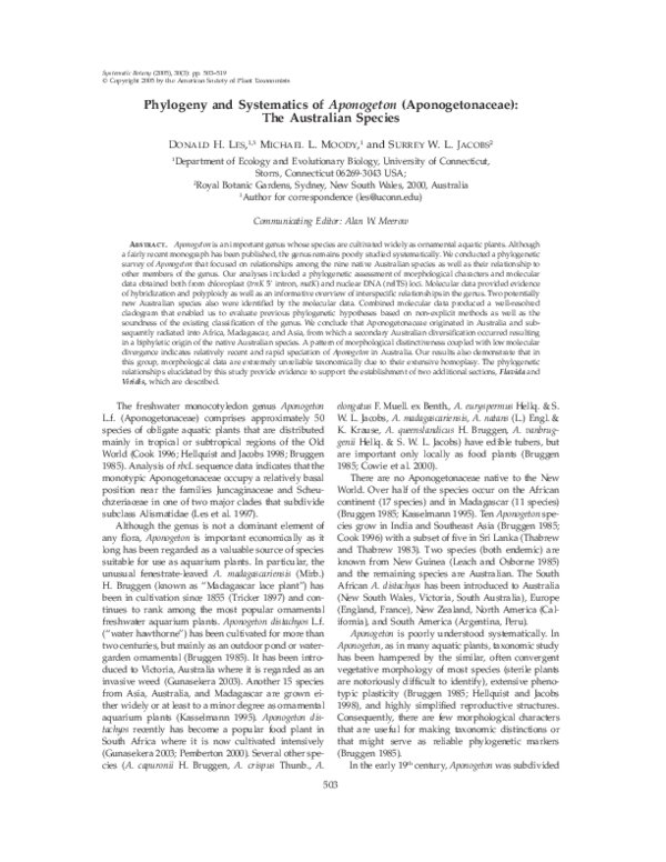 First page of &ldquo;Phylogeny and systematics of Aponogeton (Aponogetonaceae): the Australian species&rdquo;