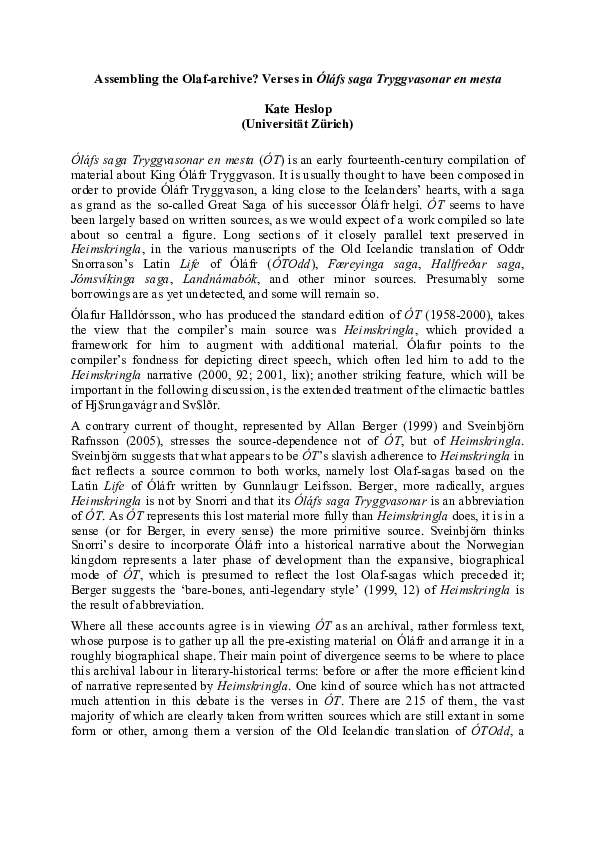 ‘Assembling the Olafarchive? Verses in Óláfs saga Tryggvasonar en mesta’