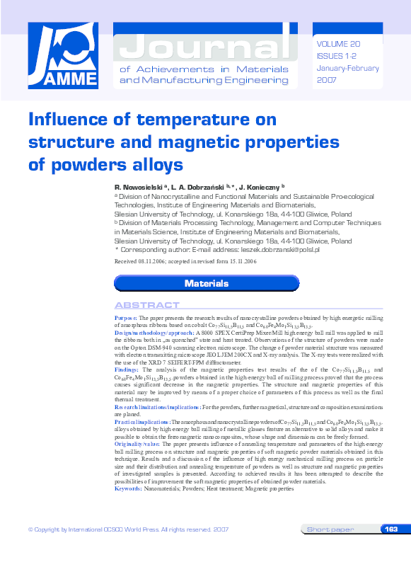 (PDF) Influence of temperature on structure and magnetic properties of ...