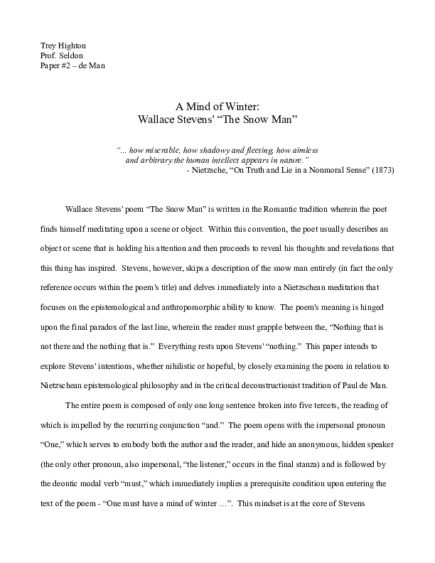 Doc A Mind Of Winter Wallace Steven S The Snow Man Trey Highton Academia Edu