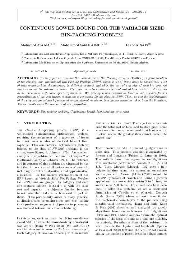 (PDF) Continuous Lower Bound for the Variable Sized BinPacking Problem