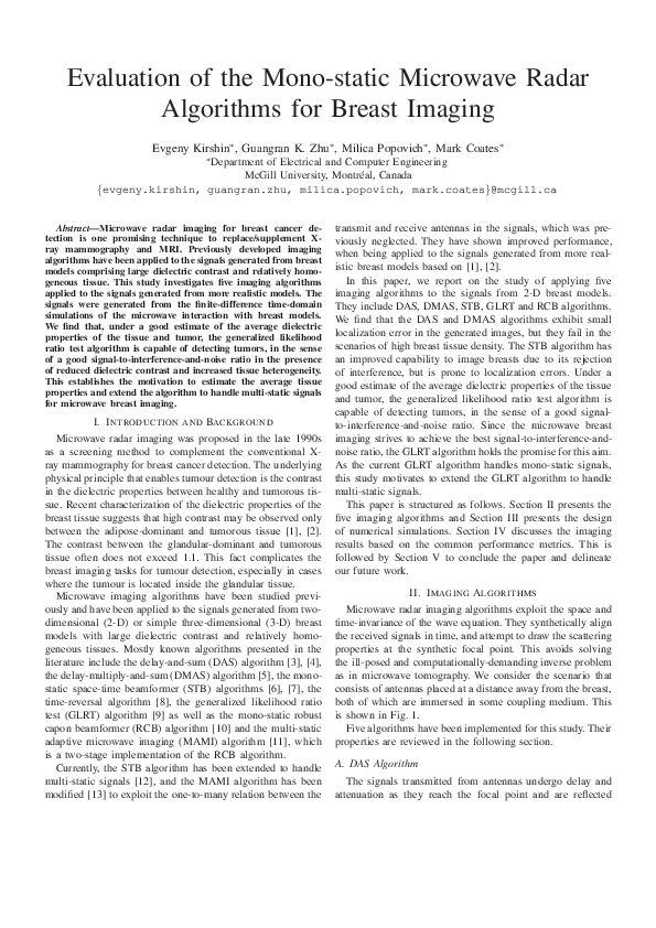 (PDF) Evaluation of the mono-static microwave radar algorithms for ...