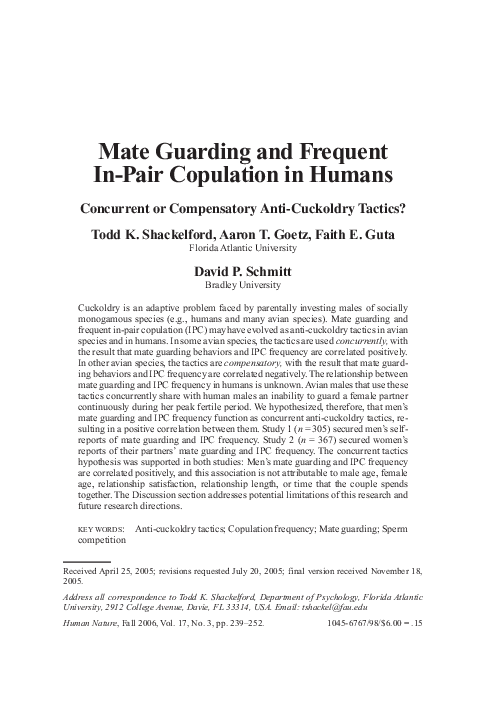 Pdf Mate Guarding And Frequent In Pair Copulation In Humans