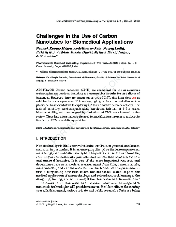 (PDF) Challenges in the use of carbon nanotubes for biomedical applications