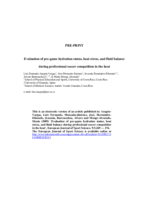 (PDF) Evaluation of pregame hydration status, heat stress, and fluid balance during