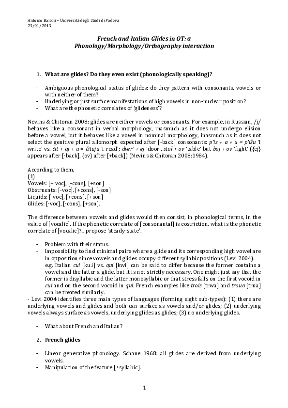 Pdf French And Italian Glides In Ot A Phonology Morphology Orthography Interaction Antonio Baroni Academia Edu