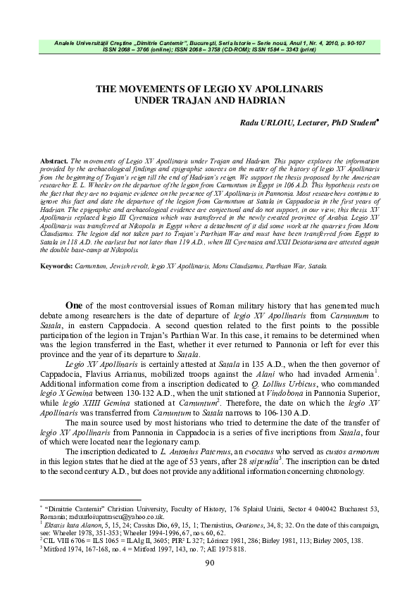 (PDF) The Movements of Legio XV Apollinaris under Trajan and Hadrian