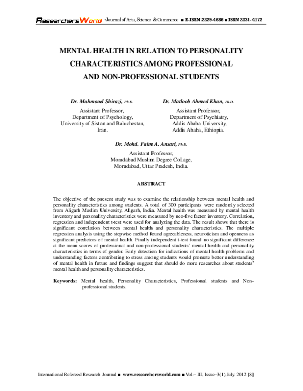 (PDF) MENTAL HEALTH IN RELATION TO PERSONALITY CHARACTERISTICS AMONG ...
