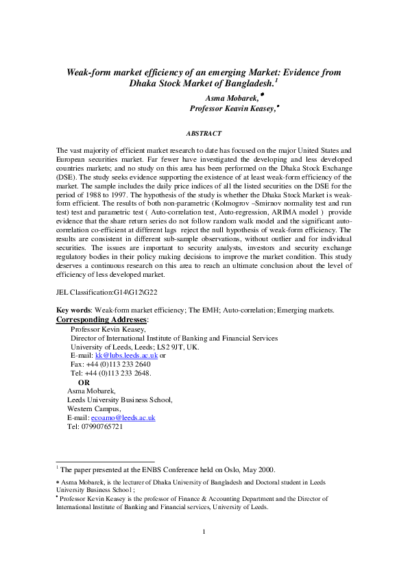  PDF Weak form Market Efficiency Of An Emerging Market Evidence From 