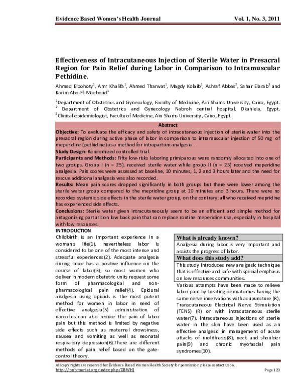 Pdf Effectiveness Of Intracutaneous Injection Of Sterile Water In Presacral Region For Pain Relief During Labor In Comparison To Intramuscular Pethidine Ahmed Elbohoty Academia Edu