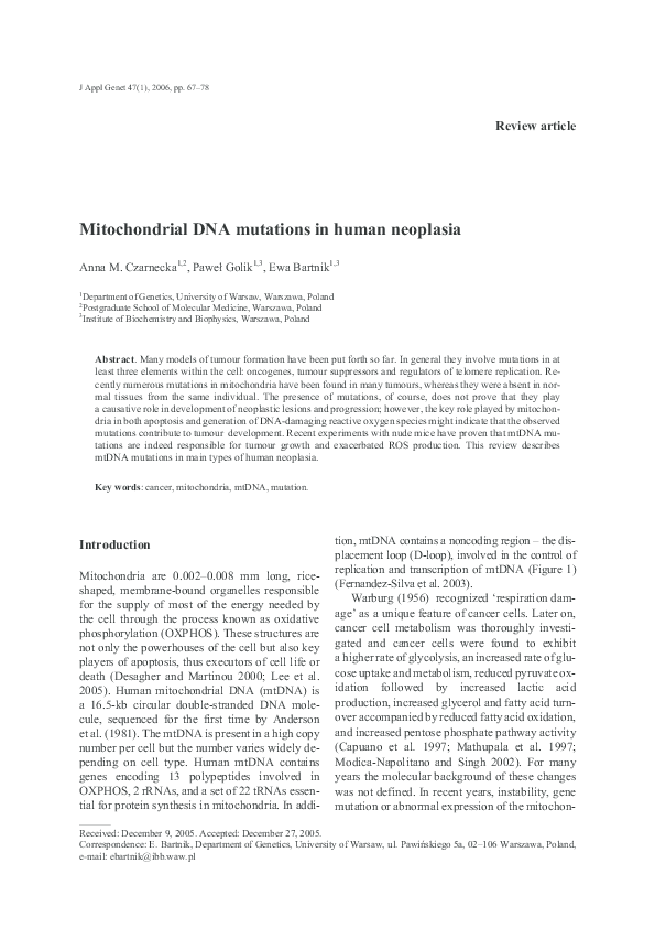(PDF) Mitochondrial DNA mutations in human neoplasia