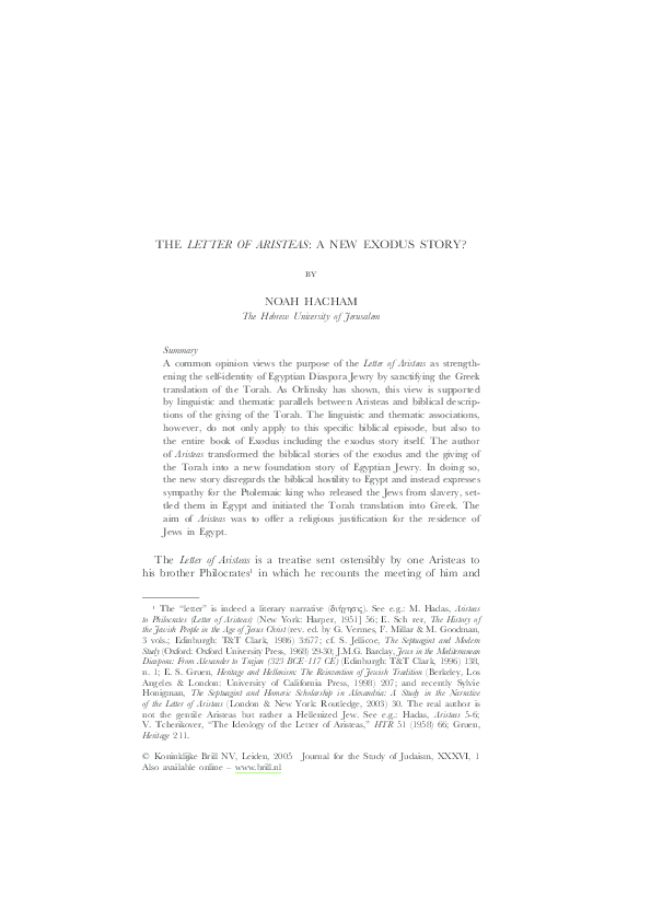  pdf the letter of aristeas a new exodus story 