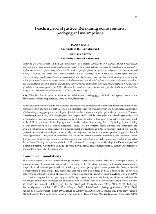 (PDF) Davis, D. and Steyn, M. 2012 Teaching for Social Justice ...