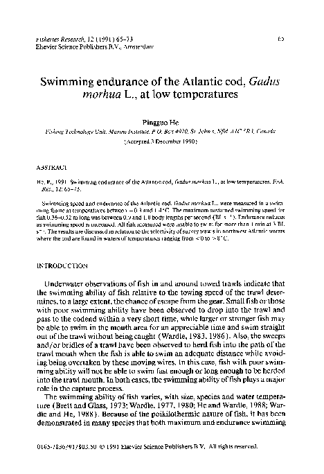 (PDF) Swimming endurance of the Atlantic cod, Gadus morhua L., at low ...