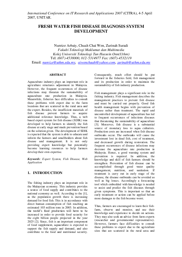 (PDF) Freshwater Fish Diagnosis System Using Expert System