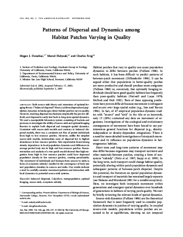 (PDF) Patterns of dispersal and dynamics among habitat patches varying ...