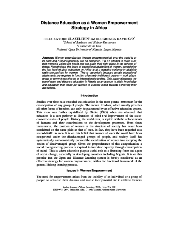 (PDF) Distance Education as a Women Empowerment Strategy in Africa