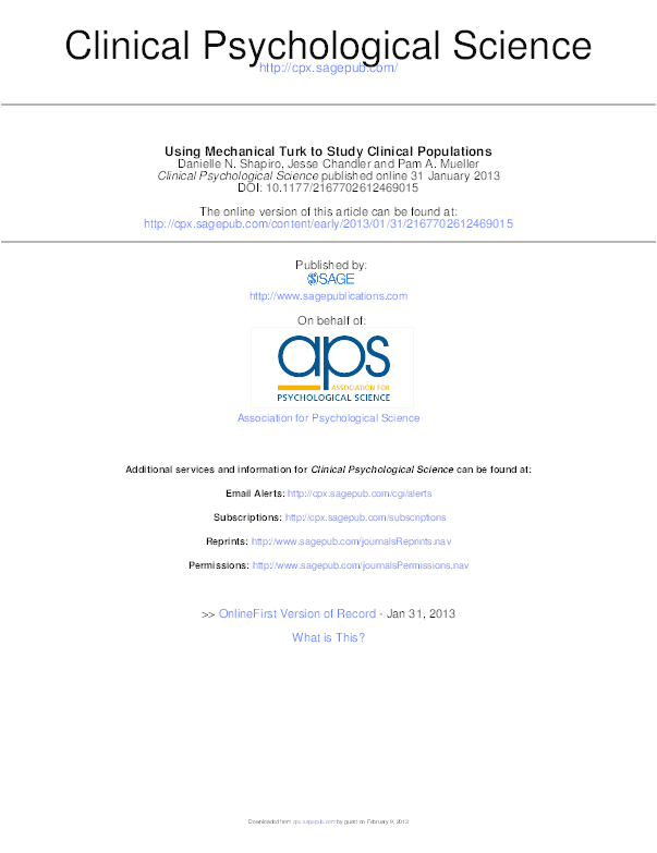 (PDF) Using Mechanical Turk to Study Clinical Populations Jesse
