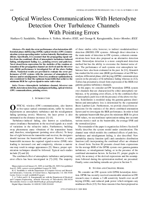 (PDF) Optical Wireless Communications With Heterodyne Detection Over Turbulence Channels With
