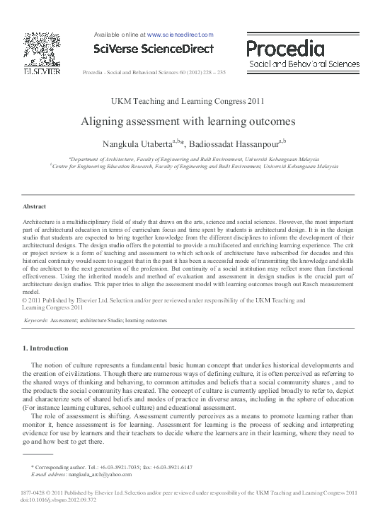 (PDF) 2012, Aligning assessment with learning outcomes, Procedia ...