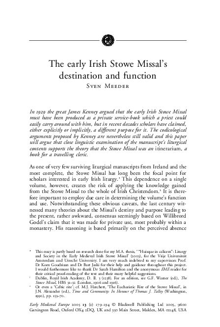 The early Irish Stowe Missal's destination and function