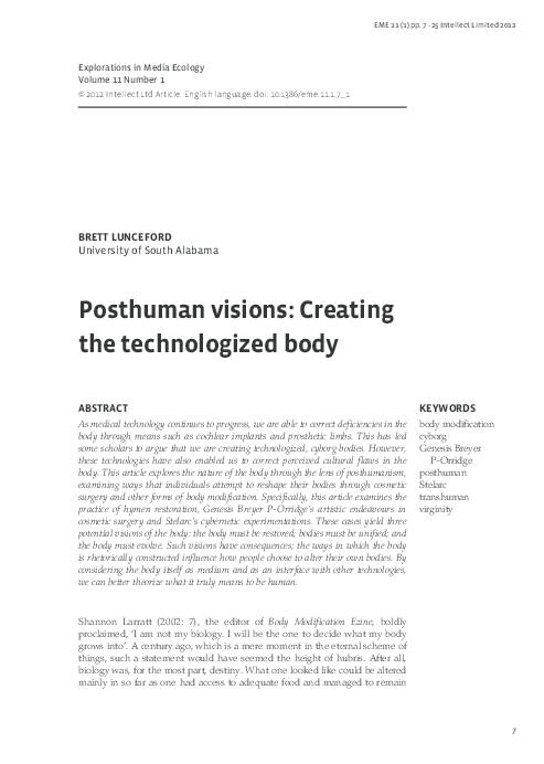 Pdf Posthuman Visions Creating The Technologized Body Pdf Posthuman Visions Creating The Technologized Body