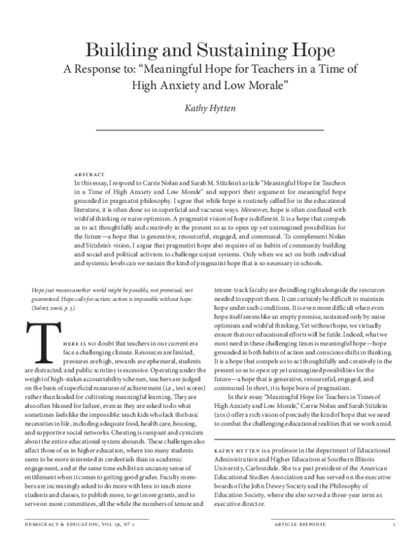 (PDF) Building and Sustaining Hope. A Response to “Meaningful Hope for ...