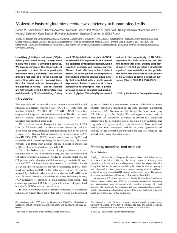 PDF) Molecular basis of glutathione reductase deficiency in human blood  cells