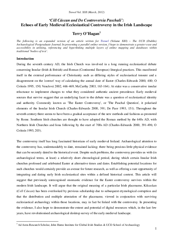 ‘Cill Cáscan and De Controversia Paschali’: Echoes of Early Medieval Ecclesiastical Controversy in the Irish Landscape