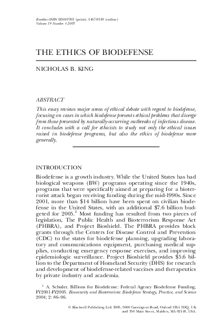 (PDF) The ethics of biodefense