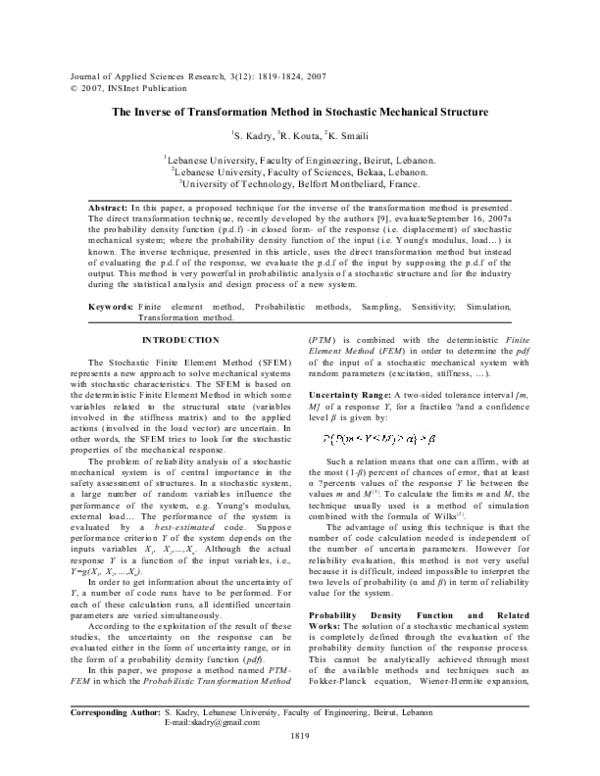 (PDF) The Inverse of Transformation Method in Stochastic Mechanical ...