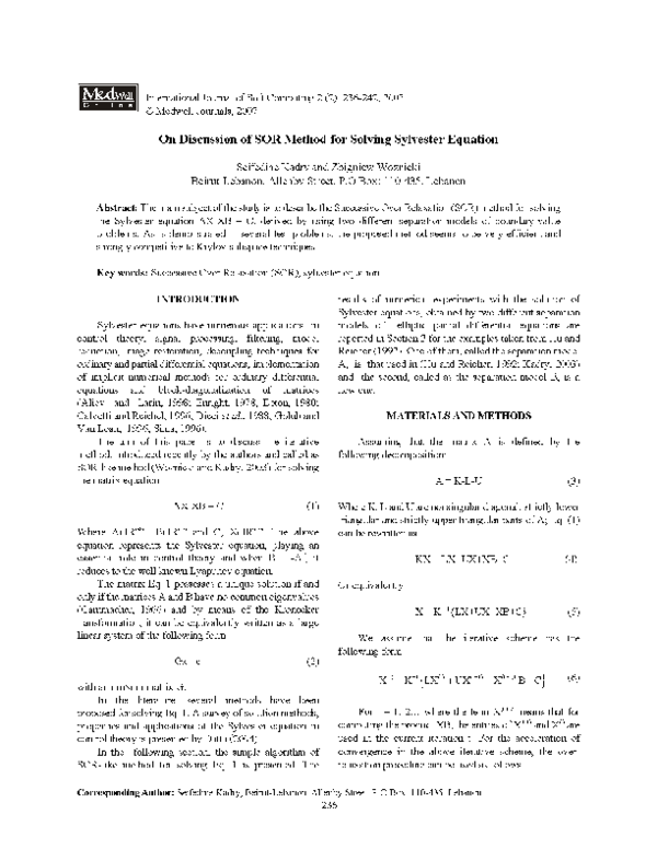 (PDF) On Discussion of SOR Method for Solving Sylvester Equation