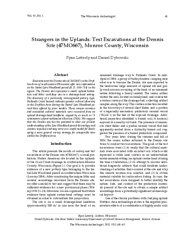 STRANGERS IN THE UPLANDS TEST EXCAVATIONS AT THE DENNIS SITE (47MO-0667), MONROE COUNTY, WISCONSIN