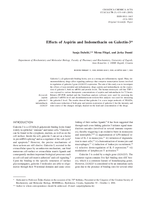Effects of Aspirin and Indomethacin on Galectin3 Sanja Dabelić