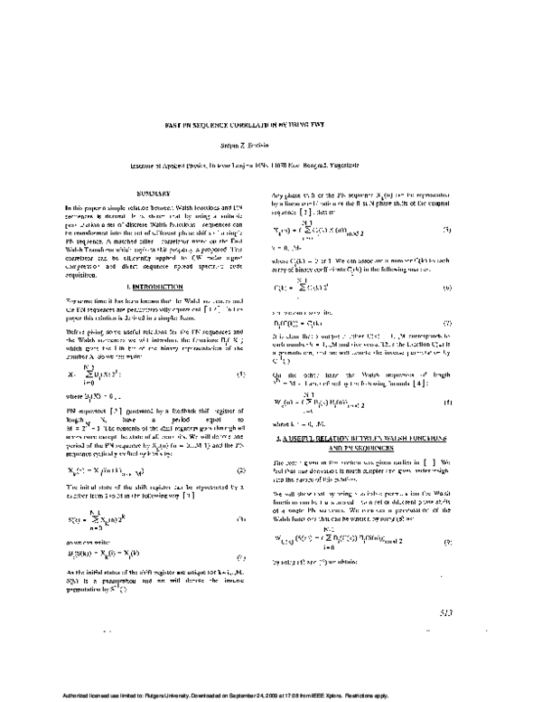 (PDF) Fast PN sequence correlation by using FWT Srdjan Budisin